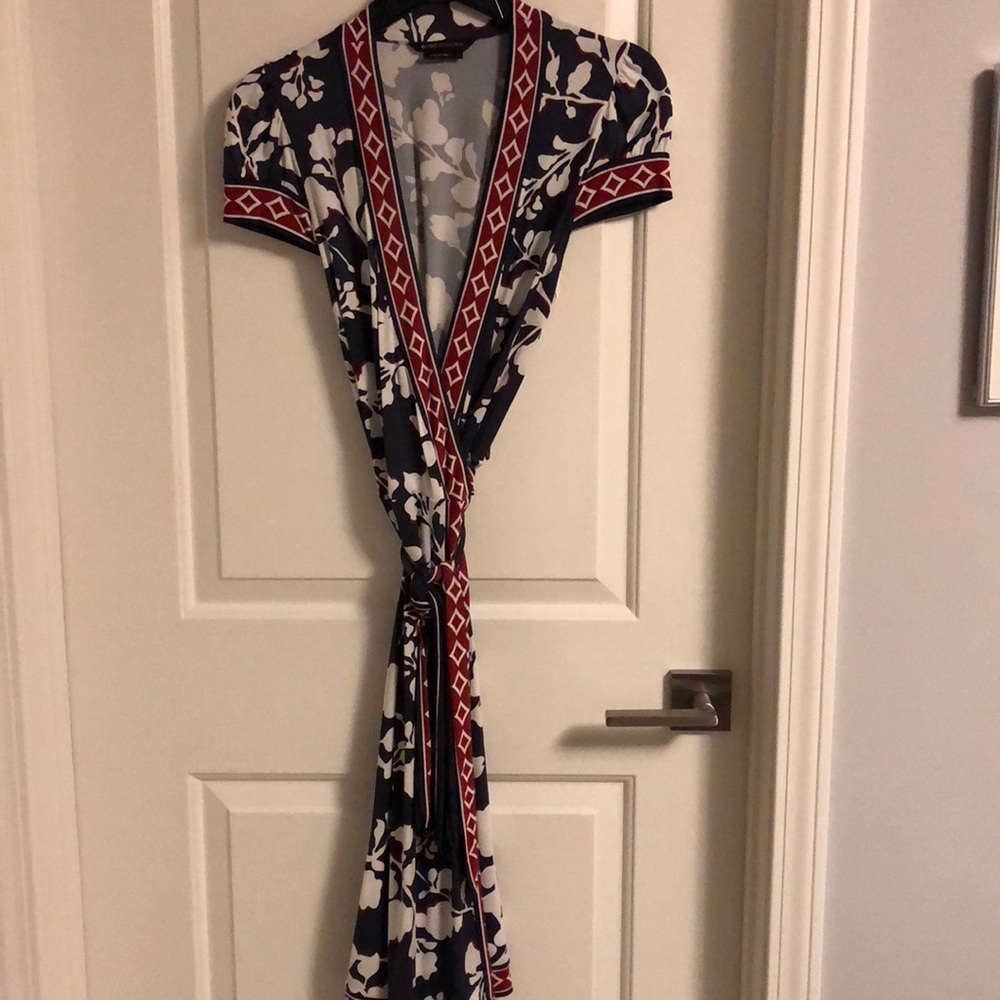 Navy, white, maroon belted wrap dress